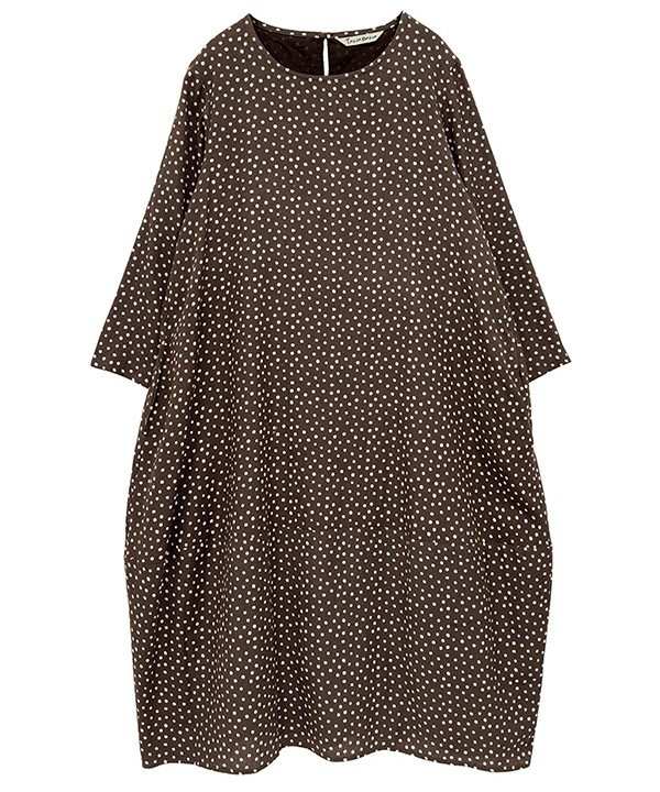 小さなポルカドット・ブロックプリント・綿麻レーヨンコクーンワンピース 25W419