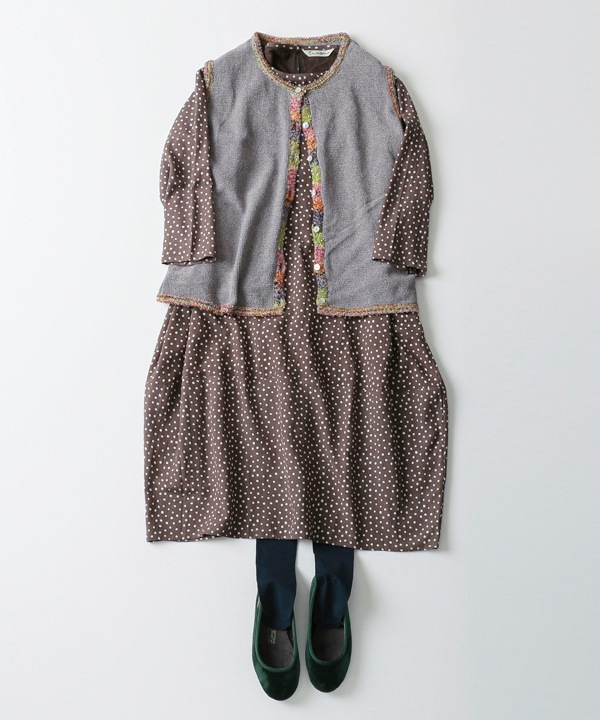 小さなポルカドット・ブロックプリント・綿麻レーヨンコクーンワンピース 25W419