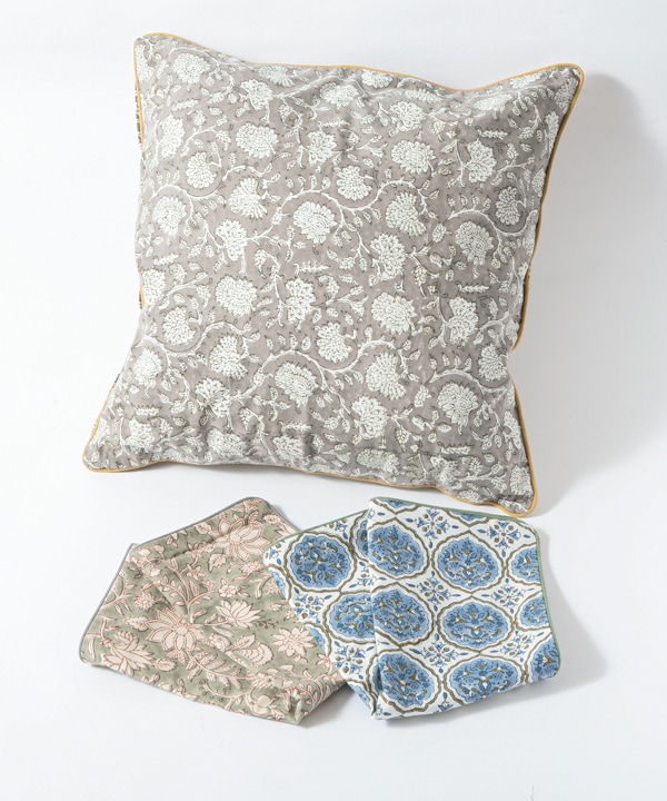 ブロックプリントクッションカバー（表裏別柄・3カラー） 45cm M20