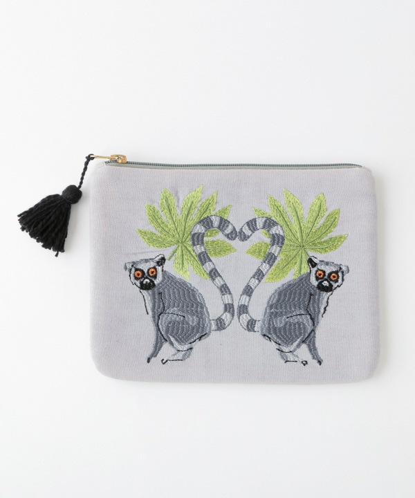 ワオキツネザル刺繍ポーチL 20×15cm （グレー）M26-2172GY