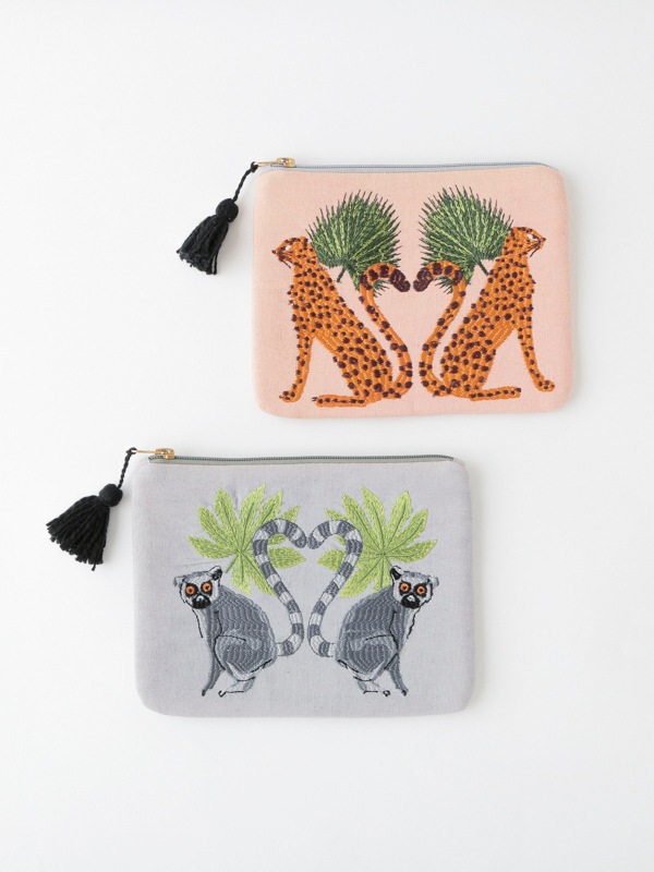 ワオキツネザル刺繍ポーチL 20×15cm （グレー）M26-2172GY