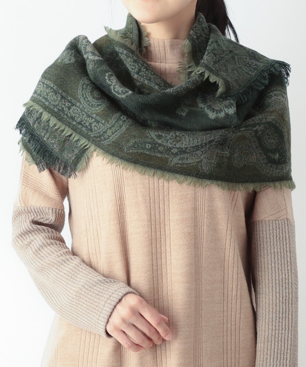 ウール100％ 花柄ジャガードショール B25W041GN