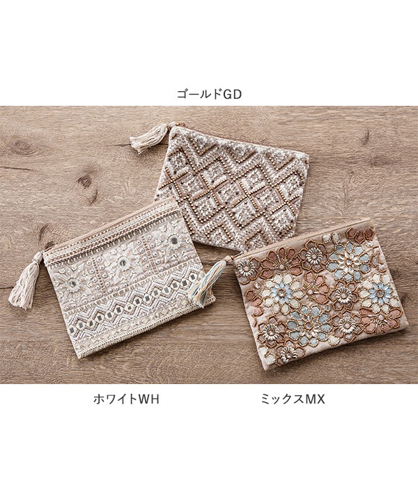 ビーズ刺繍フラットポーチ 20×15cm （3カラー）M42-0862