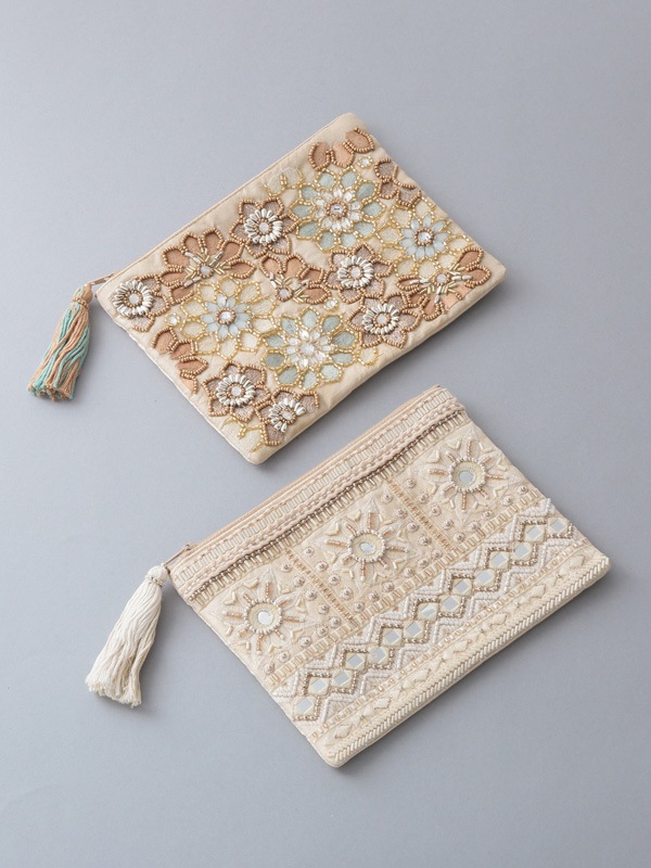 ビーズ刺繍フラットポーチ 20×15cm （3カラー）M42-0862