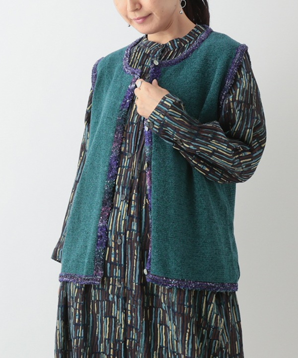 絣モールパイピング前開きベスト 日本製 25W427