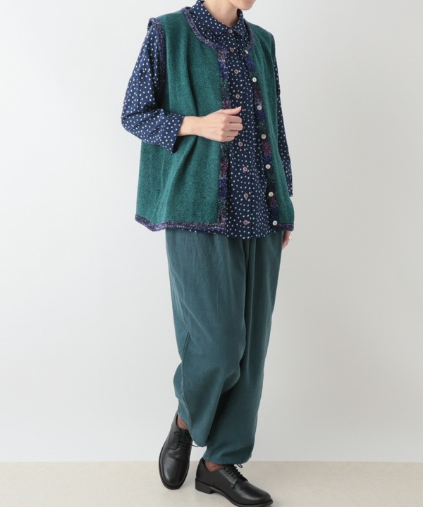 絣モールパイピング前開きベスト 日本製 25W427