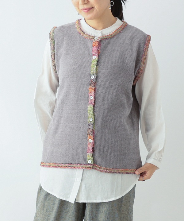 絣モールパイピング前開きベスト 日本製 25W427