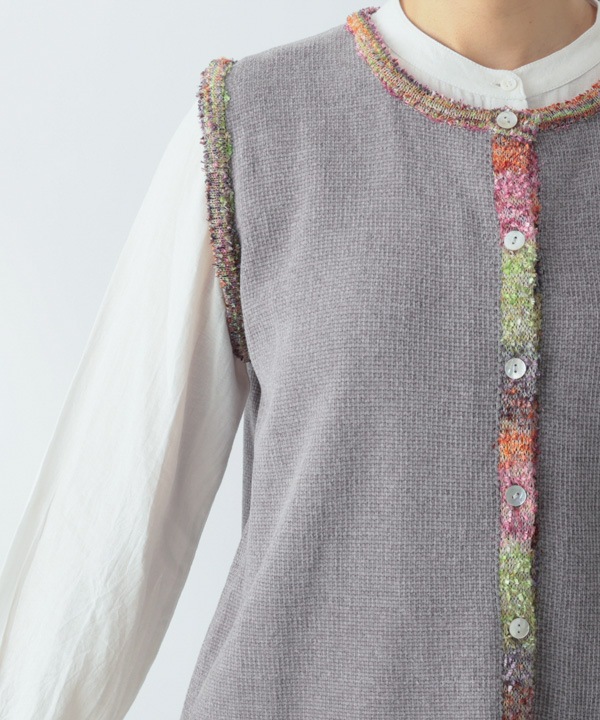 絣モールパイピング前開きベスト 日本製 25W427