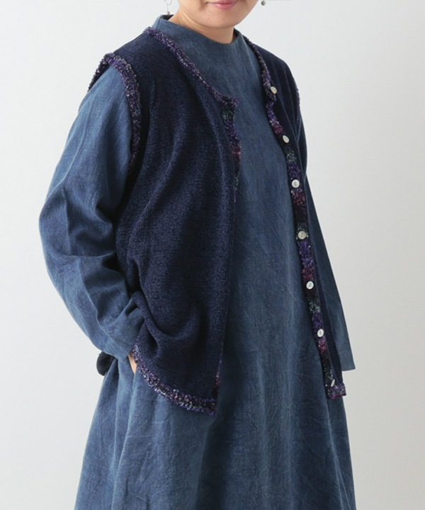 絣モールパイピング前開きベスト 日本製 25W427