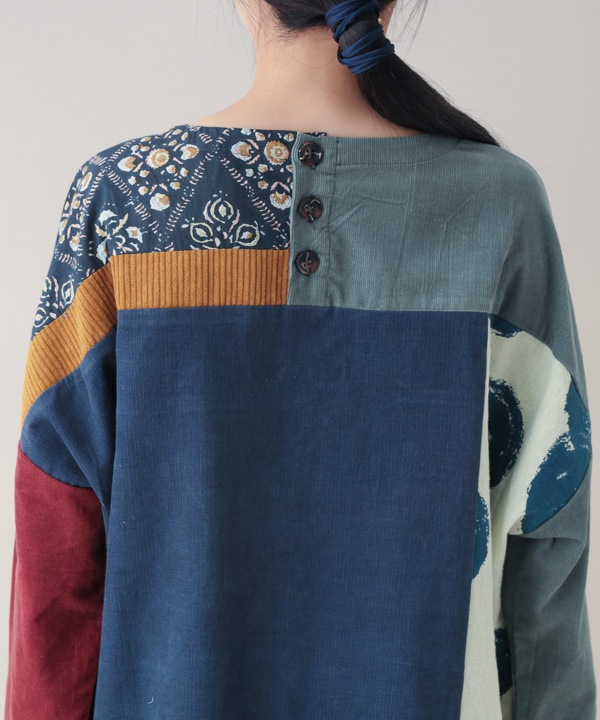 コーデュロイとプリント生地のパッチワークブラウス 25W431MX