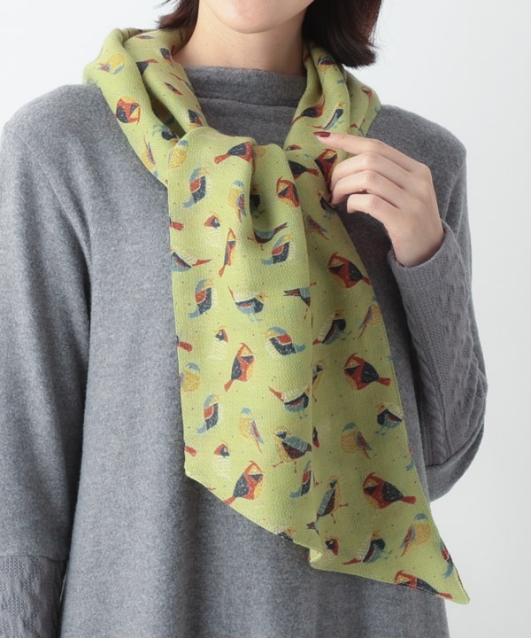 ウールコットン 小鳥プリントミニショール B25W049