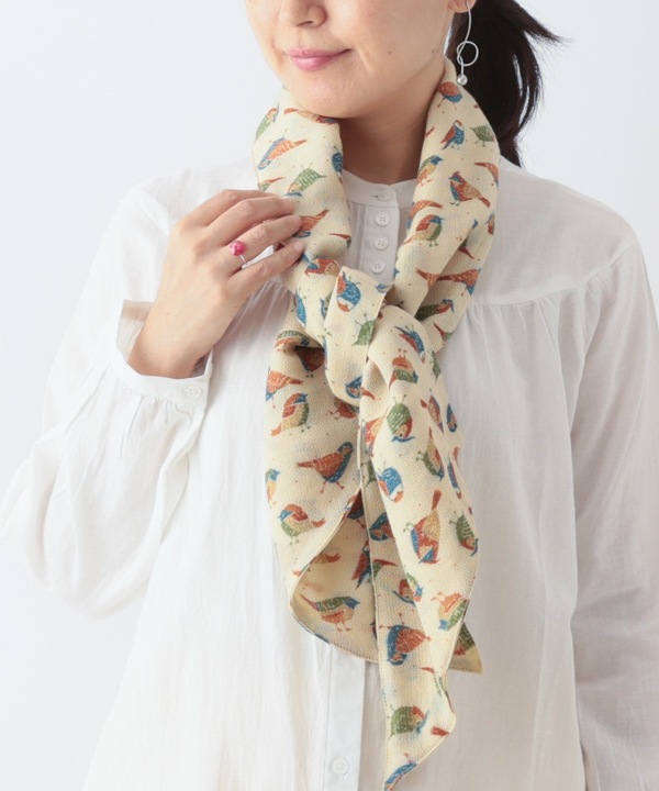 ウールコットン 小鳥プリントミニショール B25W049