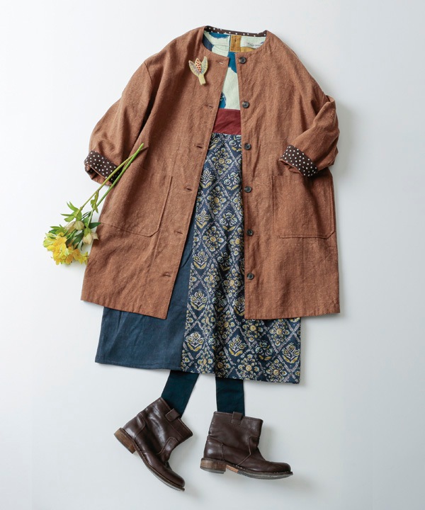 コーデュロイとプリント生地のパッチワークオフボトルネック・ワンピース 25W432MX