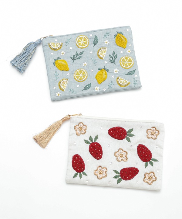 フルーツ刺繍（イチゴ・レモン）ポーチL M42-2705