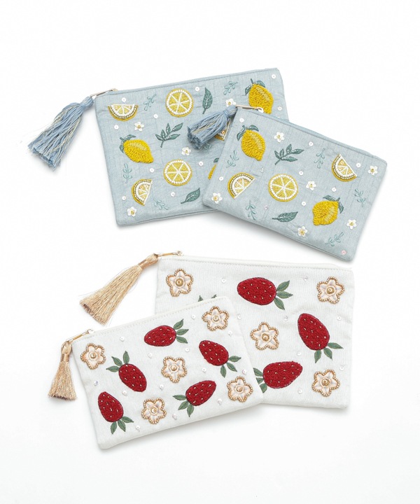 フルーツ刺繍（イチゴ・レモン）ポーチL M42-2705 | 服飾雑貨,ポーチ類