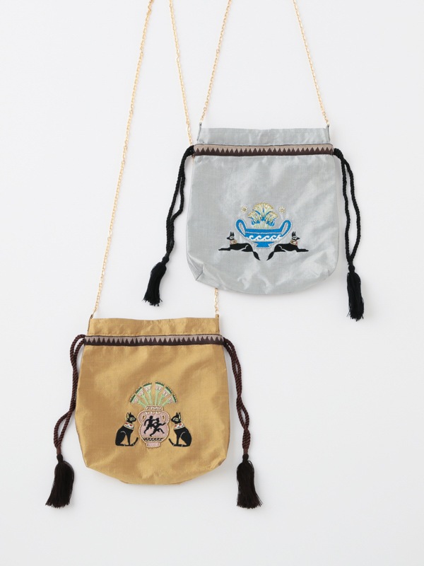 バステト・アヌビス刺繍ポーチショルダーバッグ 21×24×マチ6cm (2カラー)M42-2404