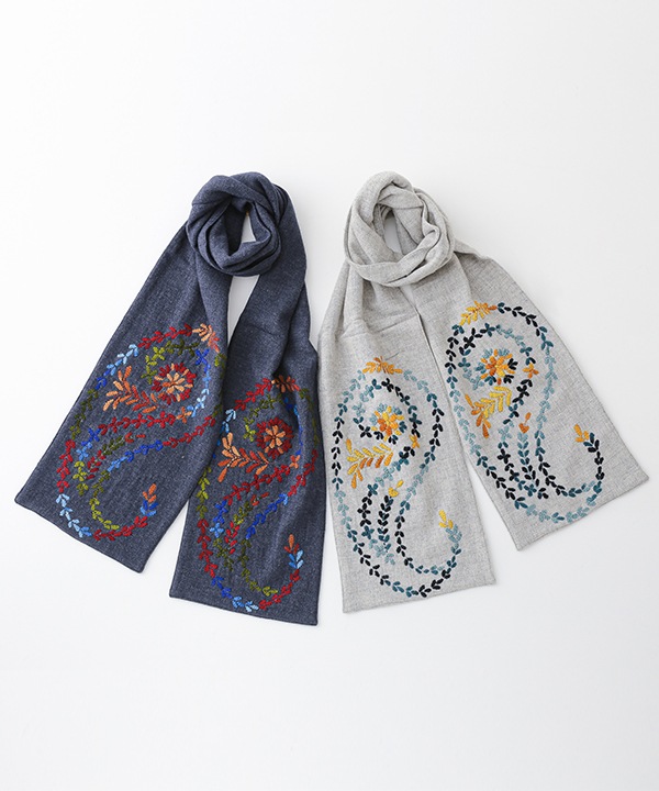 ウールコットン ペイズリー柄ハンド刺繍ショール B25W053
