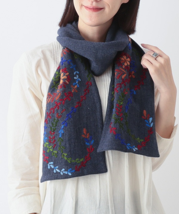 ウールコットン ペイズリー柄ハンド刺繍ショール B25W053