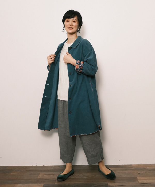 コーデュロイとお花ブロックプリントラフコート 25W448