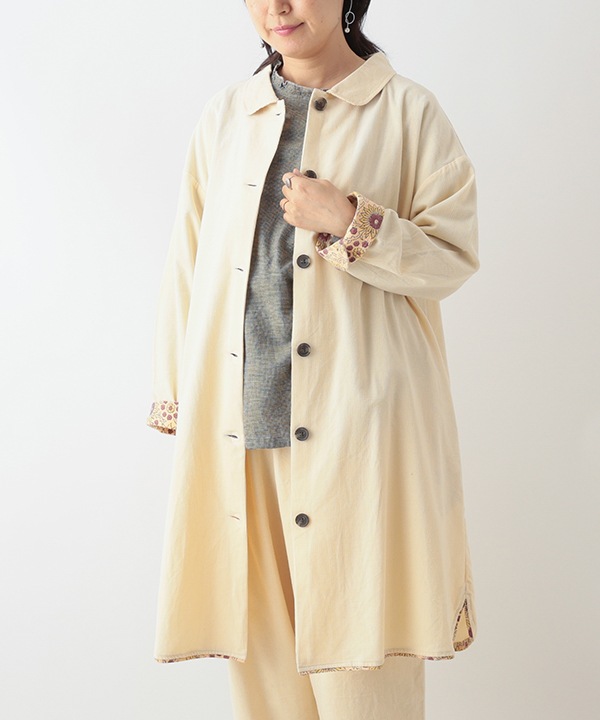 コーデュロイとお花ブロックプリントラフコート 25W448