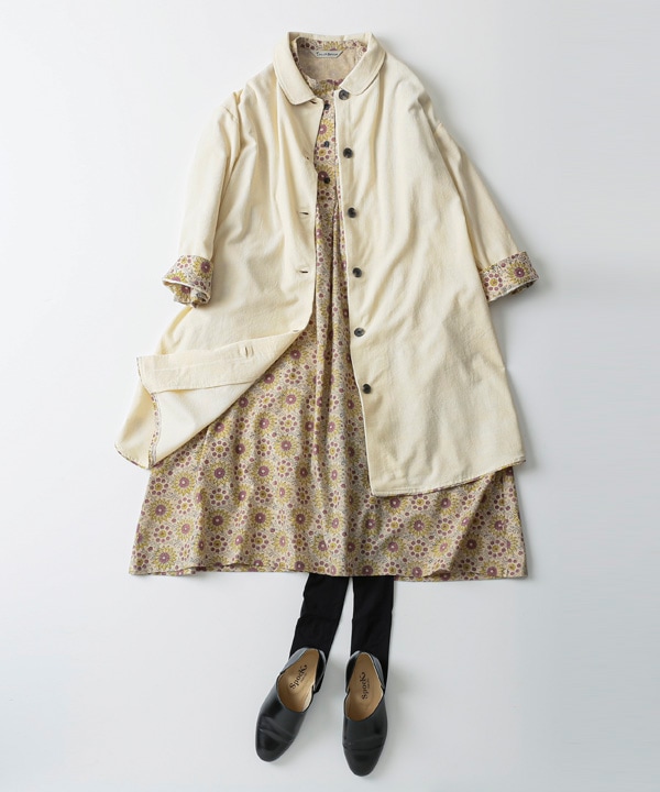 コーデュロイとお花ブロックプリントラフコート 25W448