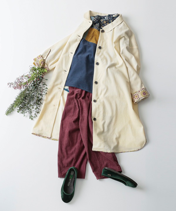 コーデュロイとお花ブロックプリントラフコート 25W448