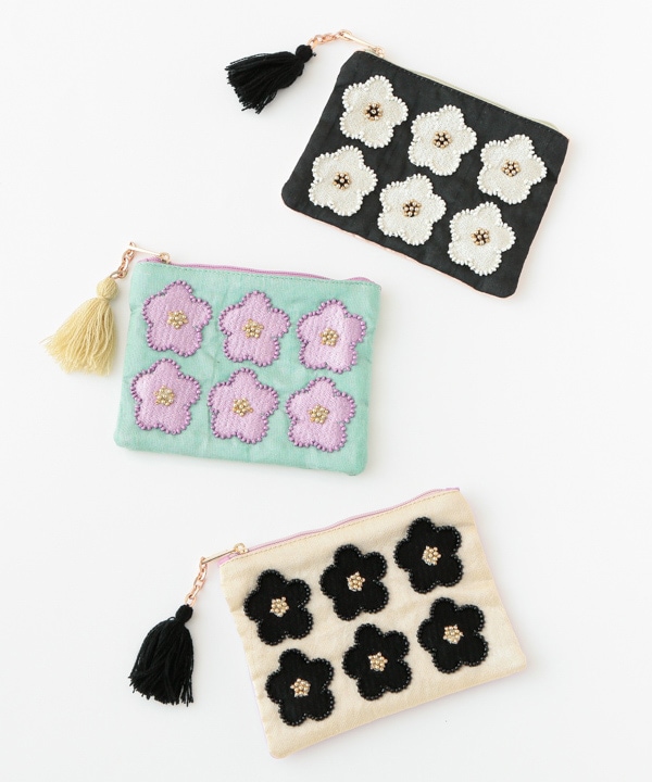 フラワービーズ刺繍ポーチ 14×10cm （3カラー）M42-2232 | 服飾