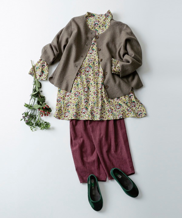 コーデュロイとお花ブロックプリントラフパンツ 25W449