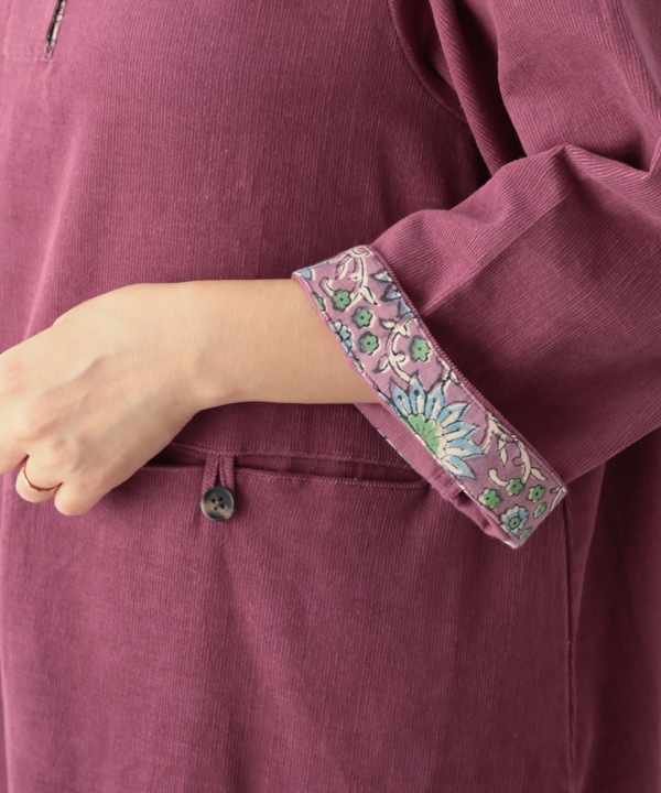 コーデュロイとお花ブロックプリントオフボトルネック・ワンピース 25W450