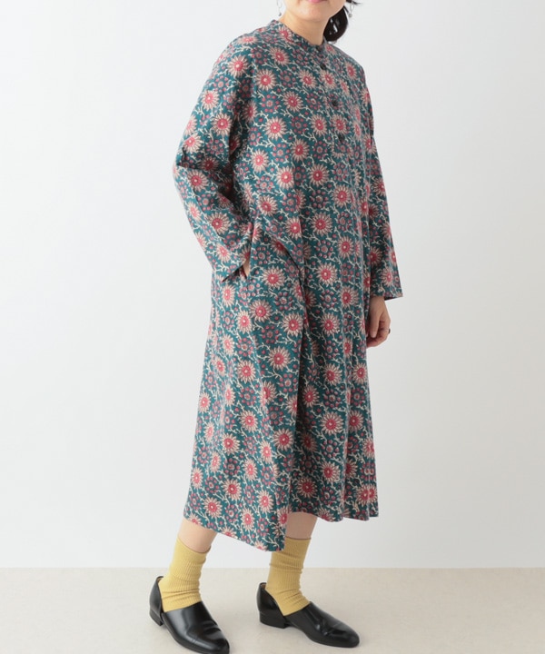 コーデュロイとお花ブロックプリント起毛コットンプリントワンピース 25W451