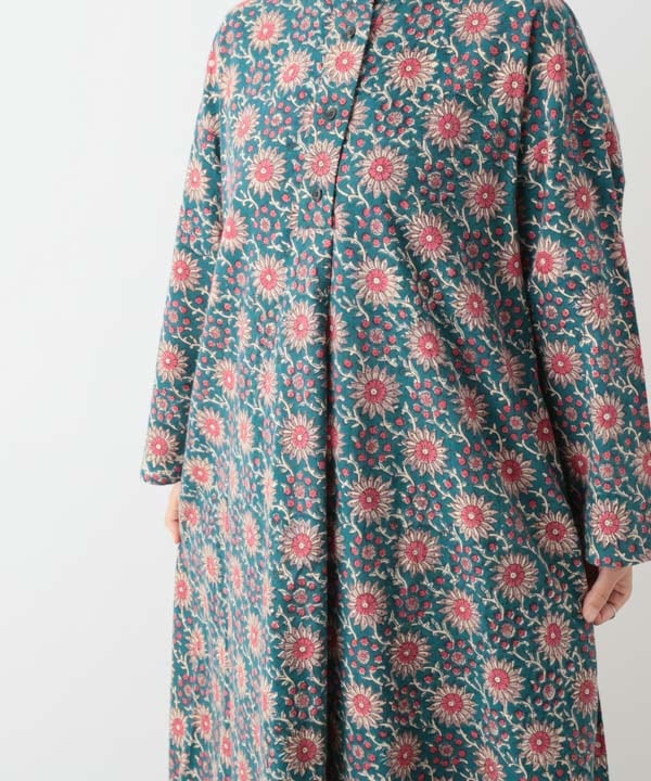 コーデュロイとお花ブロックプリント起毛コットンプリントワンピース 25W451