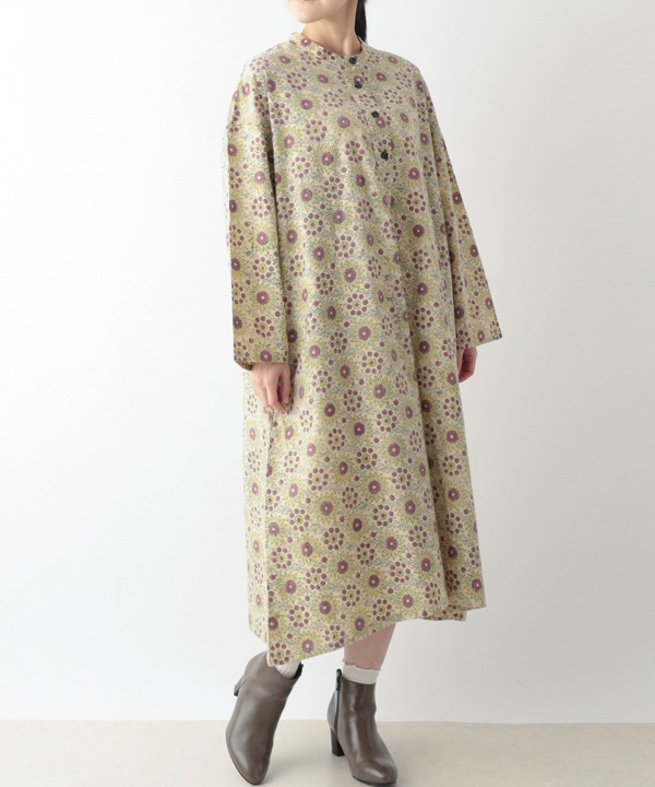 コーデュロイとお花ブロックプリント起毛コットンプリントワンピース 25W451