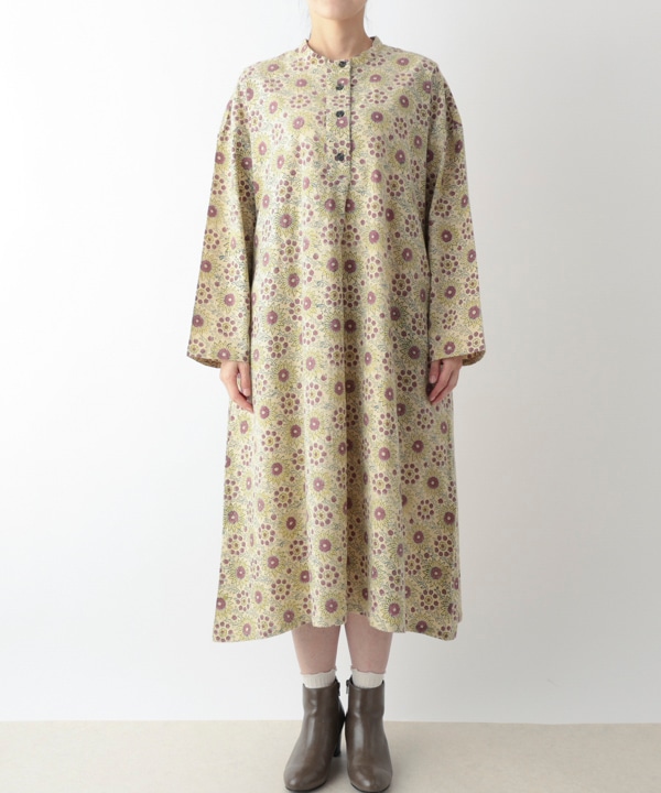 コーデュロイとお花ブロックプリント起毛コットンプリントワンピース 25W451