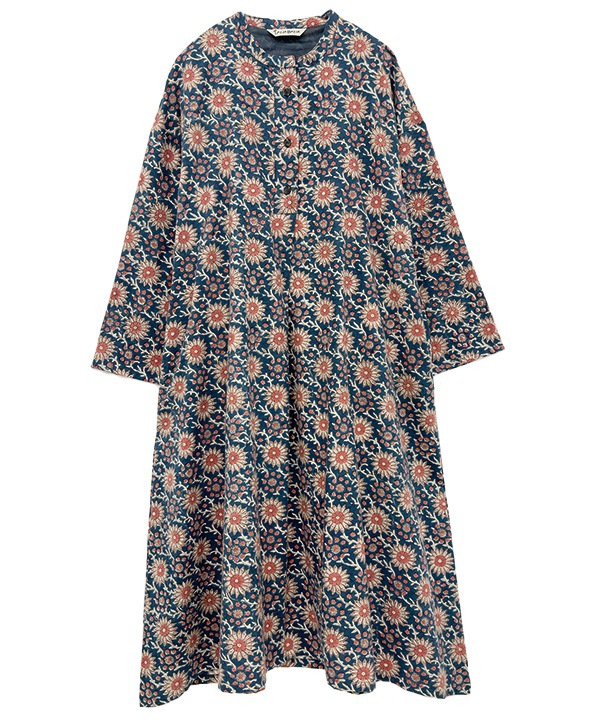 コーデュロイとお花ブロックプリント起毛コットンプリントワンピース 25W451