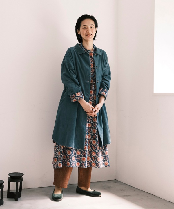 コーデュロイとお花ブロックプリント起毛コットンプリントワンピース 25W451