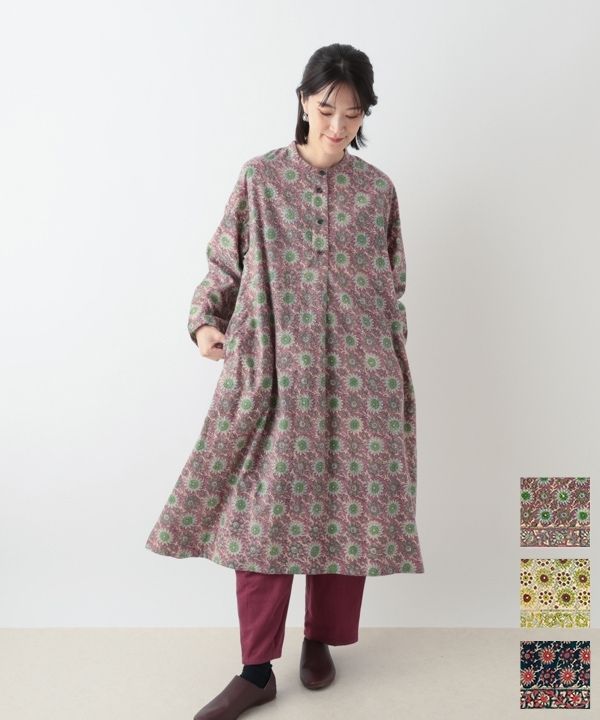 コーデュロイとお花ブロックプリント起毛コットンプリントワンピース 25W451