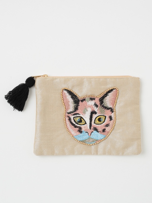 キャット刺繍フラットポーチ 17×13cm （3カラー）M42-1913