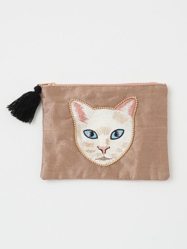 キャット刺繍フラットポーチ 17×13cm （3カラー）M42-1913