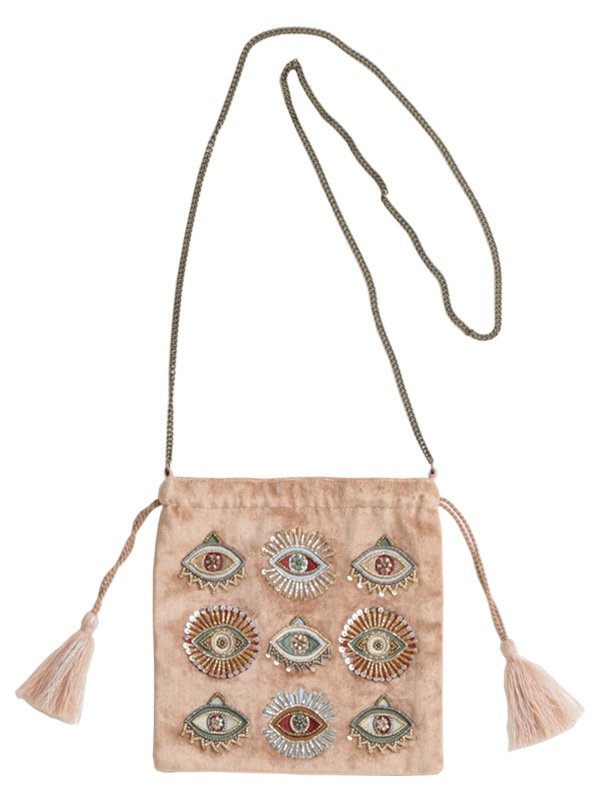 ホルスの目　イーブルアイ　巾着バッグ　 インド刺繍　ビーズ刺繍バッグ　ビーズ刺繍 ホルスの目 イーブルアイ 巾着バッグ インド刺繍 ビーズ刺繍