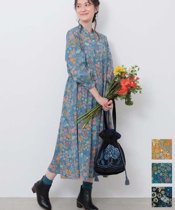 ガーデンプリントコットンコール前開ワンピース 25W019