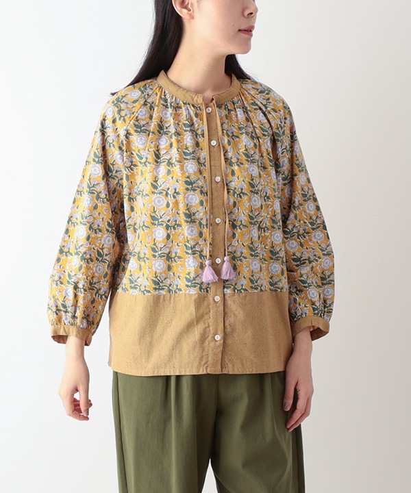 フローラルブロックプリントコットンブラウス 25W021 