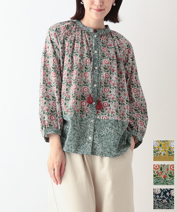 フローラルブロックプリントコットンブラウス 25W021 