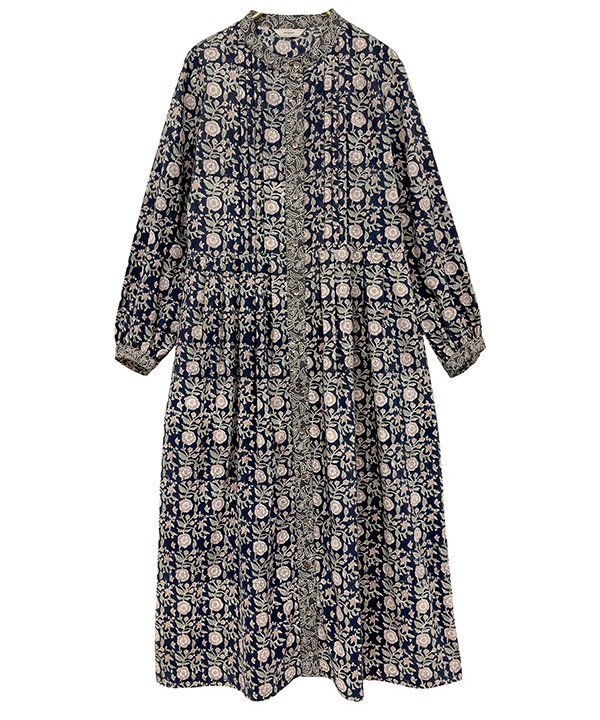 フローラルブロックプリントコットン前開ワンピース 25W022