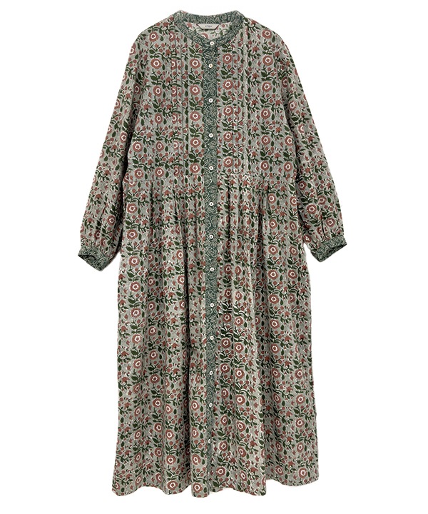 フローラルブロックプリントコットン前開ワンピース 25W022