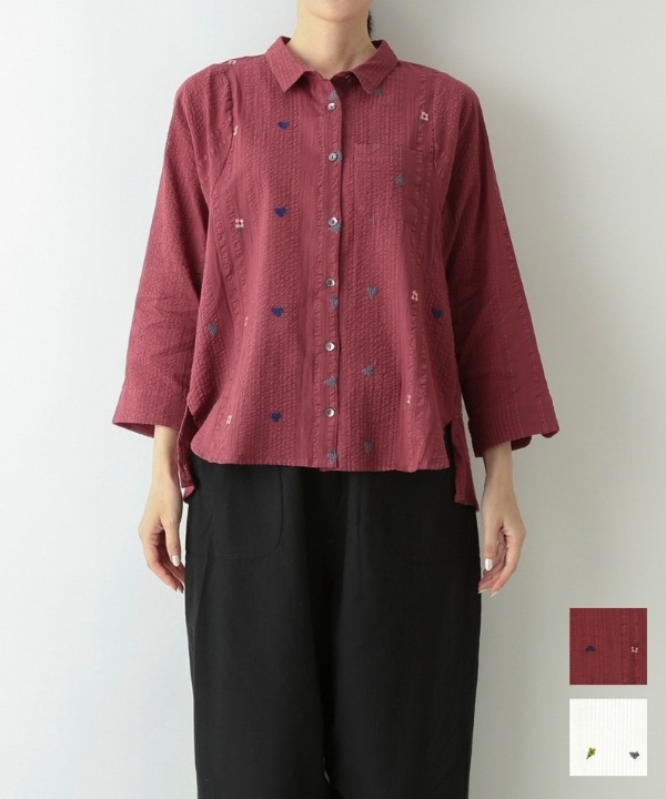 ぶどう刺繍コットンサッカーブラウス 26W022 【7月末入荷予定