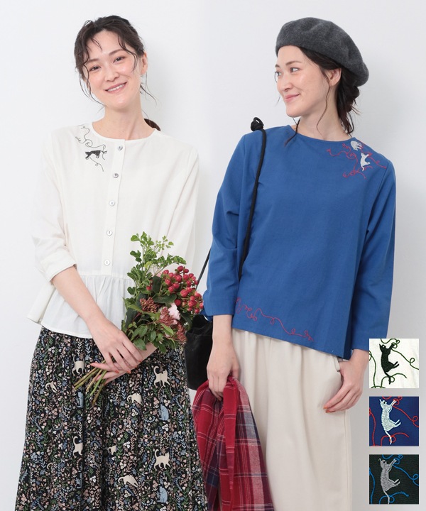 CAT刺繍コットンリネン2wayブラウス 25W027