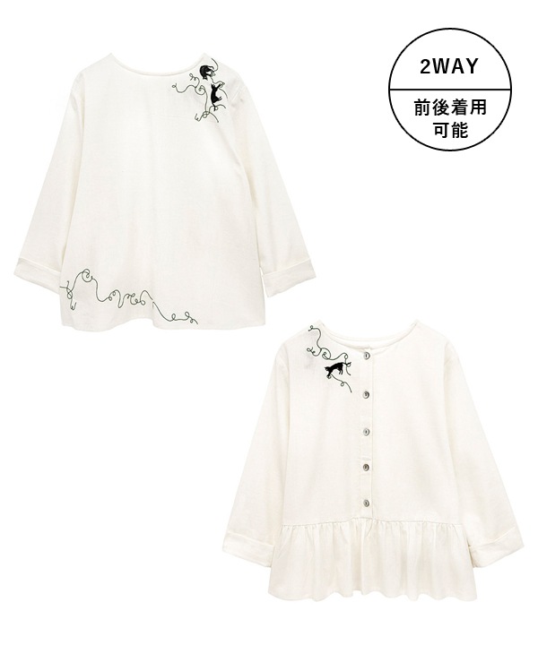 CAT刺繍コットンリネン2wayブラウス 25W027