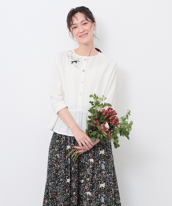 CAT刺繍コットンリネン2wayブラウス 25W027