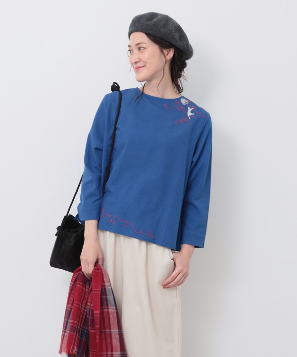 CAT刺繍コットンリネン2wayブラウス 25W027