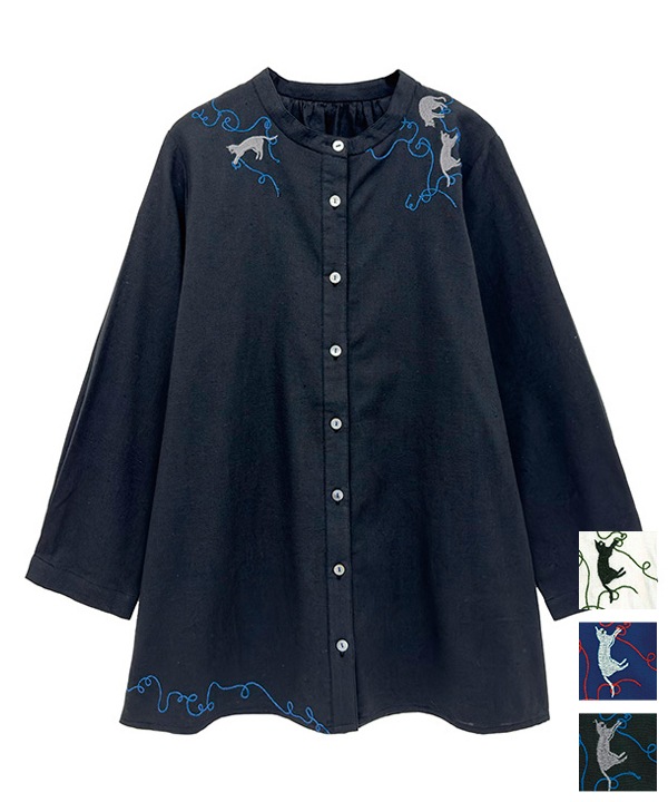 CAT刺繍コットンリネンロングブラウス 25W028